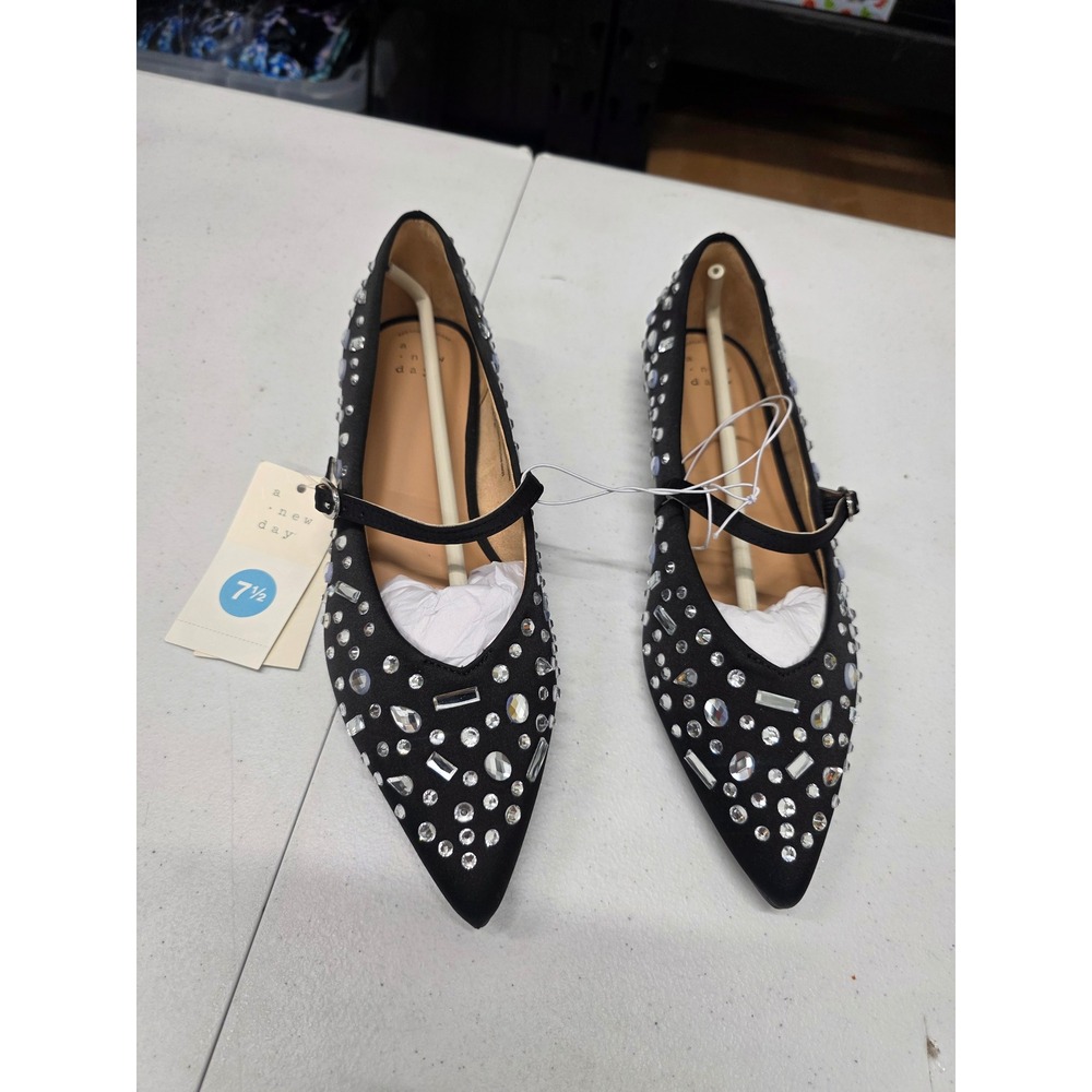 A New Day Black Satin Rhinestone Pointed Toe Mary Jane Flats Size 7.5